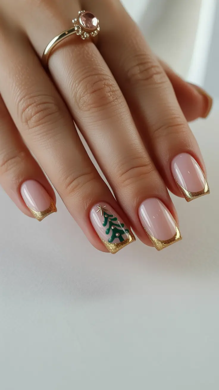christmas tree nails designs Golden French with Festive Twist