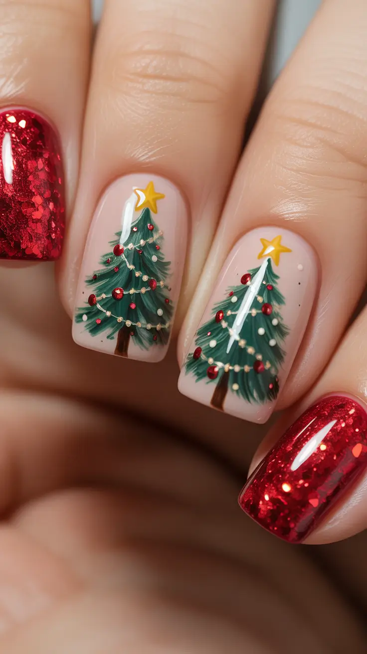 christmas tree nails designs Festive Sparkle with Red Glam