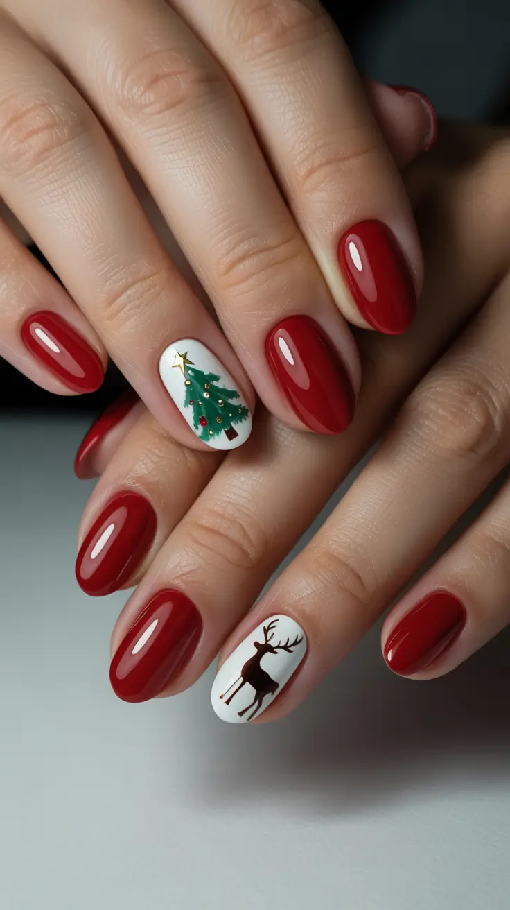 christmas tree nails designs Classic Red & Reindeer Charm