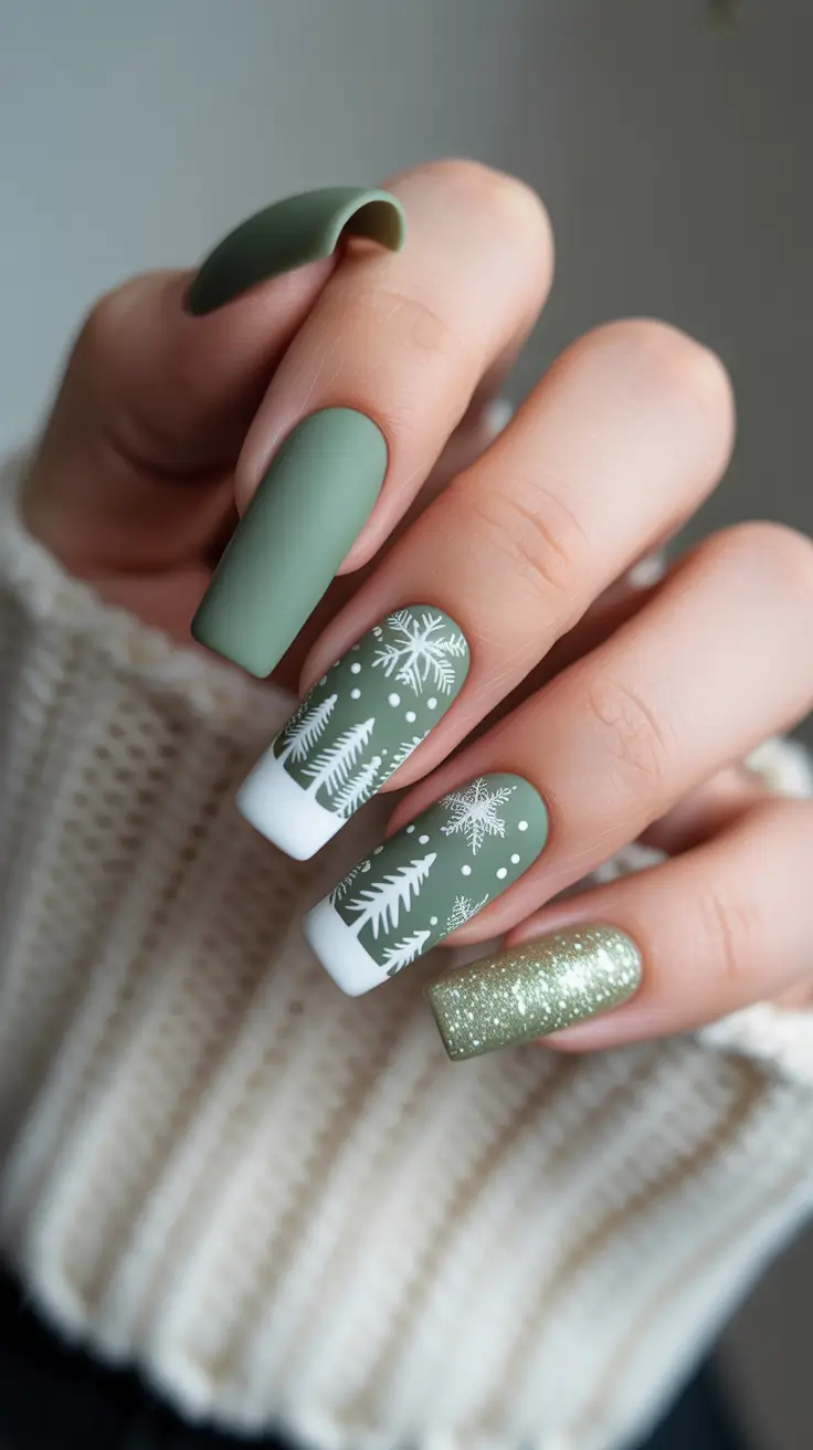 christmas tree nails designs Frosted Sage & Snowflakes