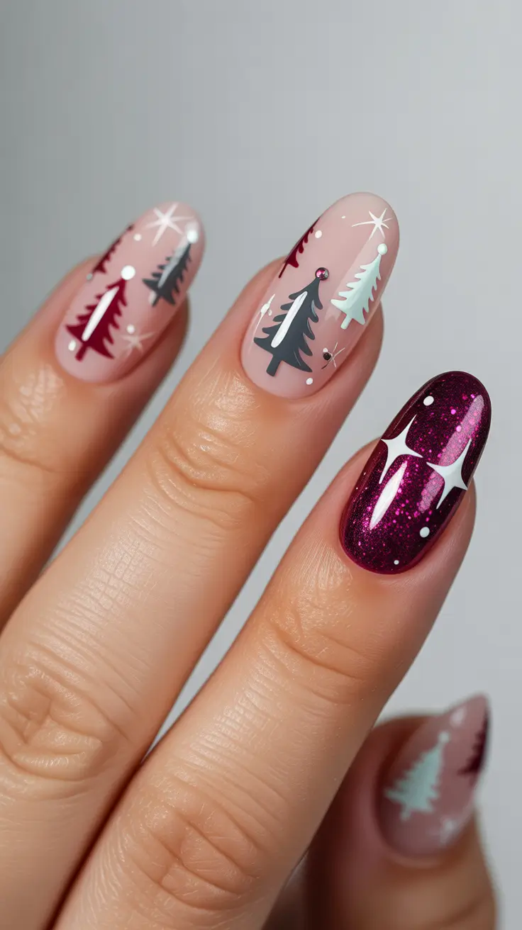 christmas tree nails designs Midnight Sparkle and Pine Forest