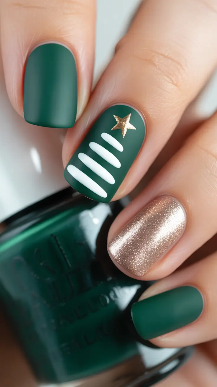 christmas tree nails designs Matte Emerald & Gold Star Accent