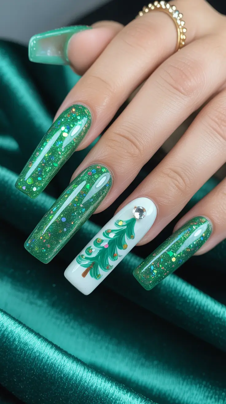 christmas tree nails designs Glitter Glam Green Acrylics