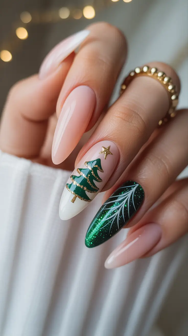 christmas tree nails designs Evergreen Elegance with Gold Lining