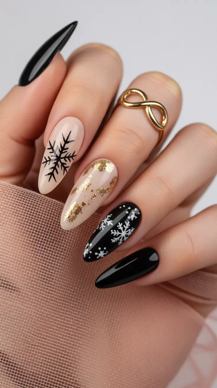 Trendy Classy Winter Nail Ideas 2025-2026 Golden Frost and Snowflake Dreams