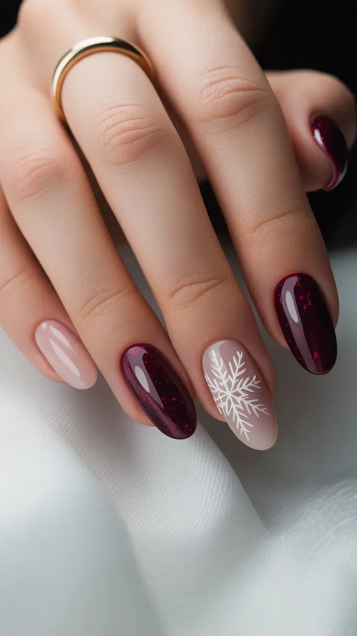 Trendy Classy Winter Nail Ideas 2025-2026 Plum Snowflake Elegance