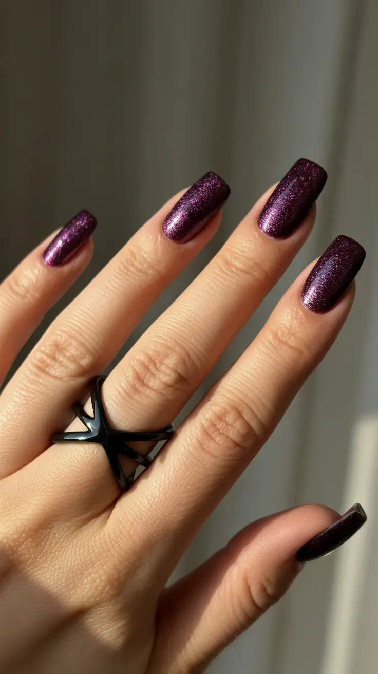 Trendy Classy Winter Nail Ideas 2025-2026 Plum Galaxy Spark