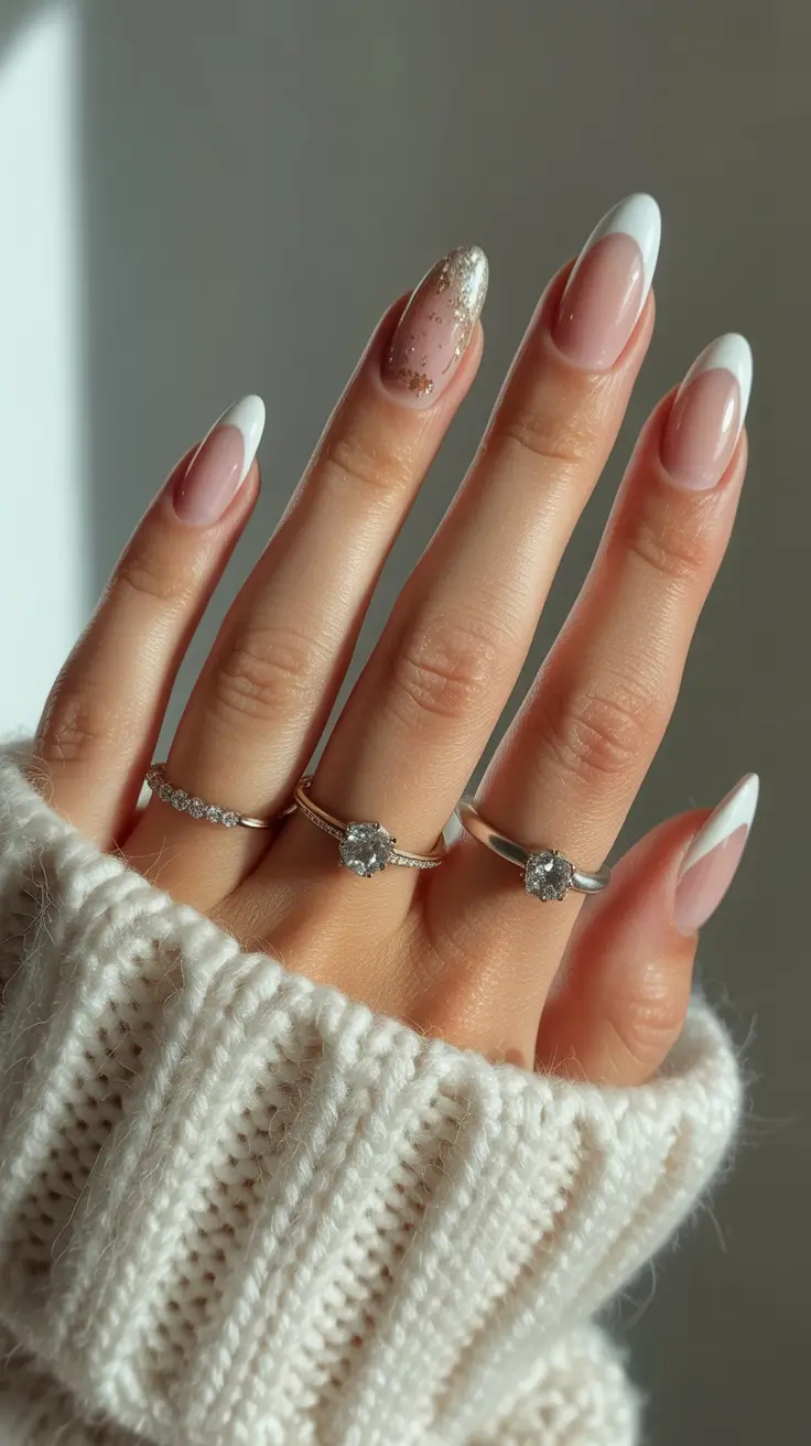winter french tip nails white glitter 2026