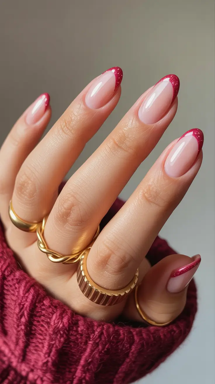 winter french tip nails pink glitter 2025