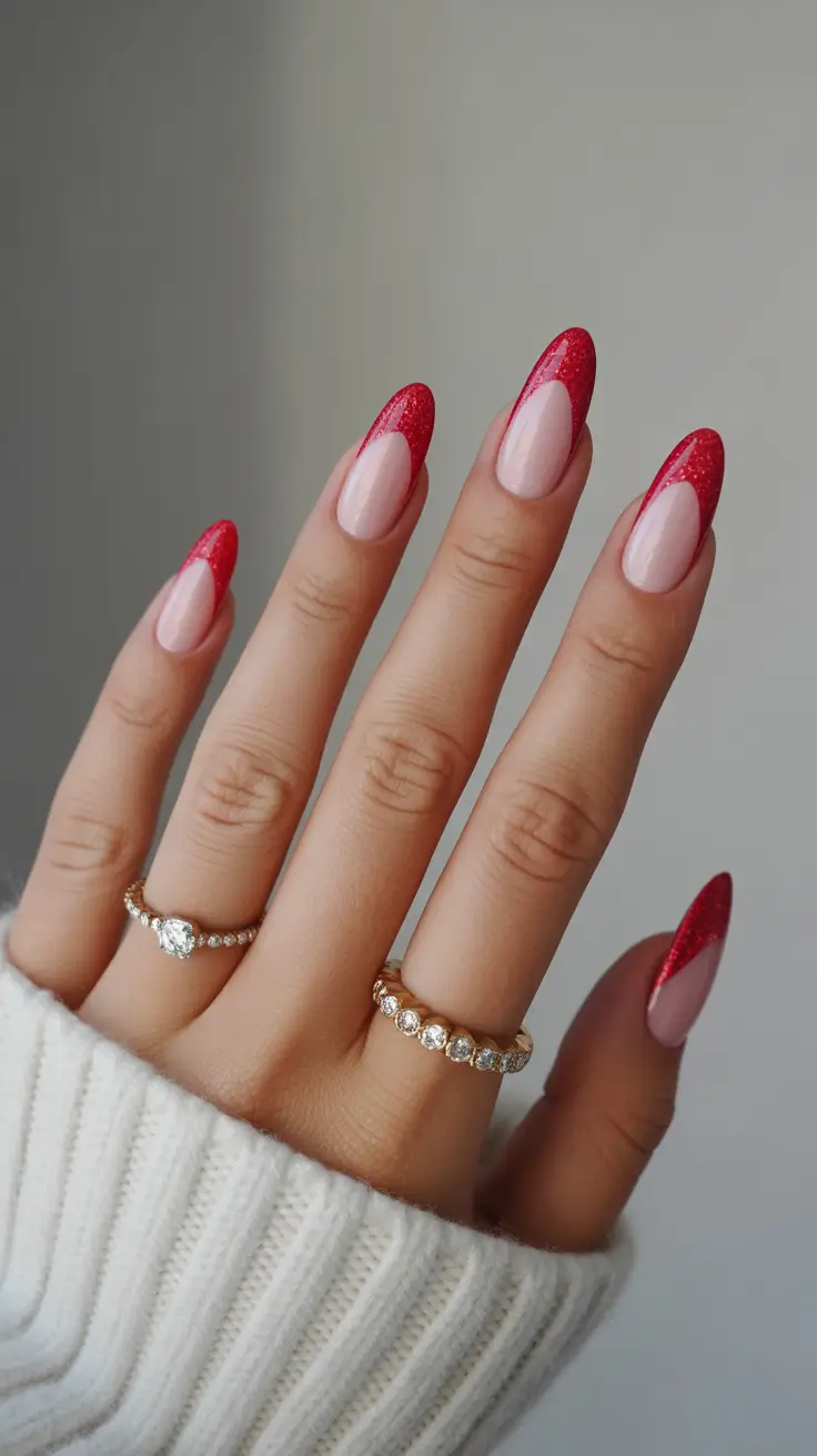 winter french tip nails red glitter 2026