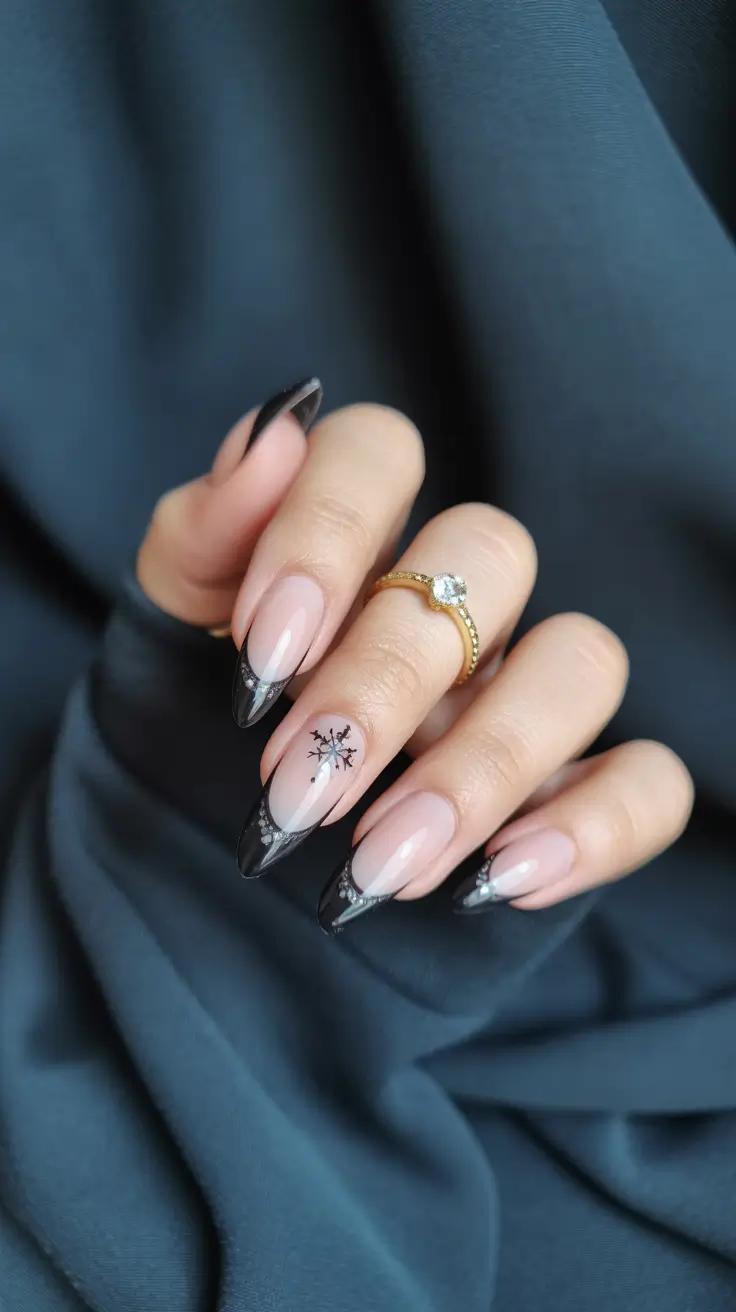 winter french tip nails black snowflakes 2025