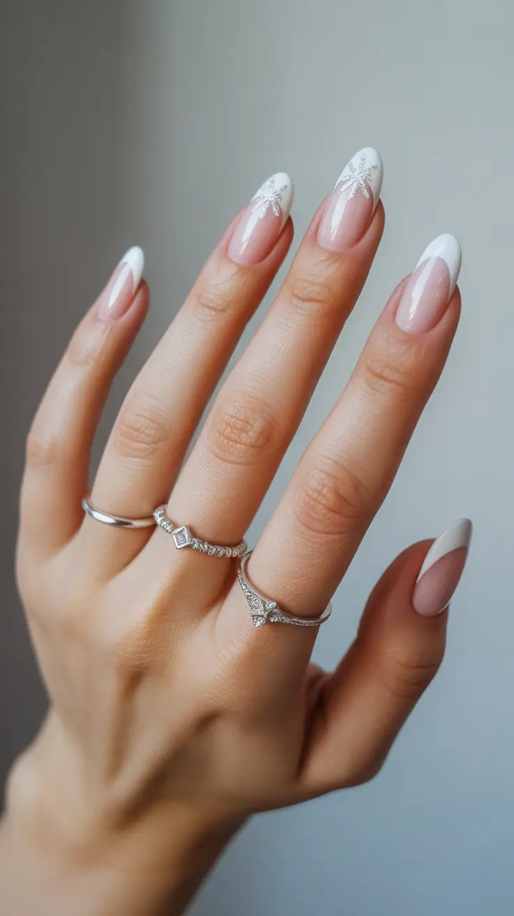 winter french tip nails white snowflakes 2026