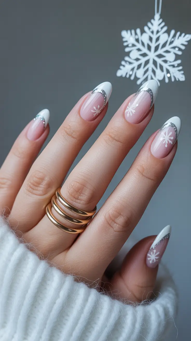 winter french tip nails white glitter 2026