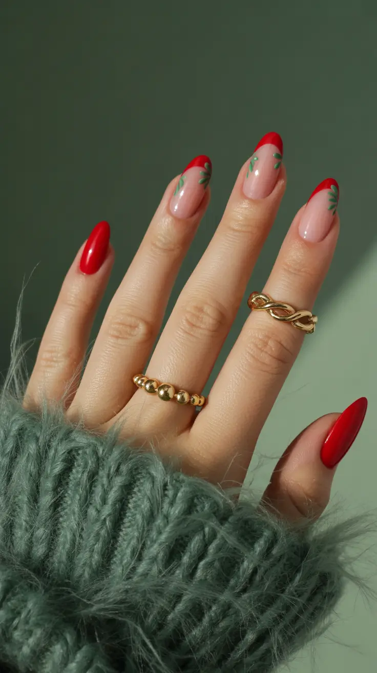 winter french tip nails almond red green 2025