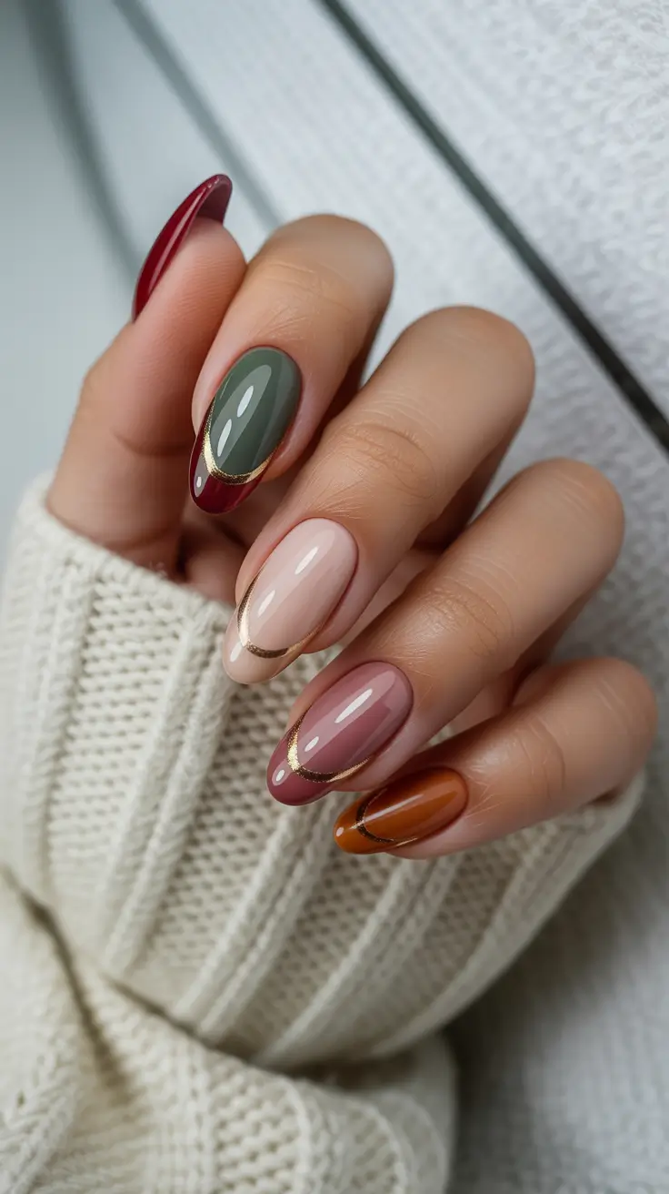 winter french tip nails brown green 2025