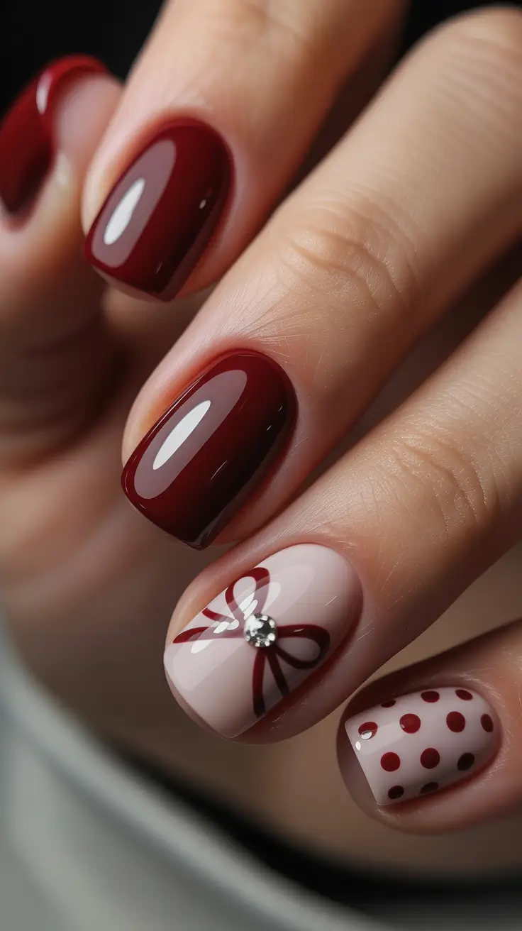 Trendy Winter Nail Colors 2025–2026 Festive Cherry Bow