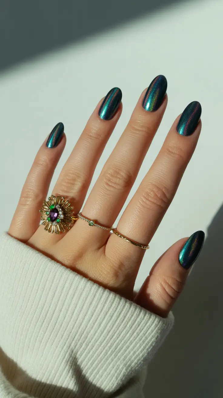 Trendy Winter Nail Colors 2025–2026 Metallic Teal Allure