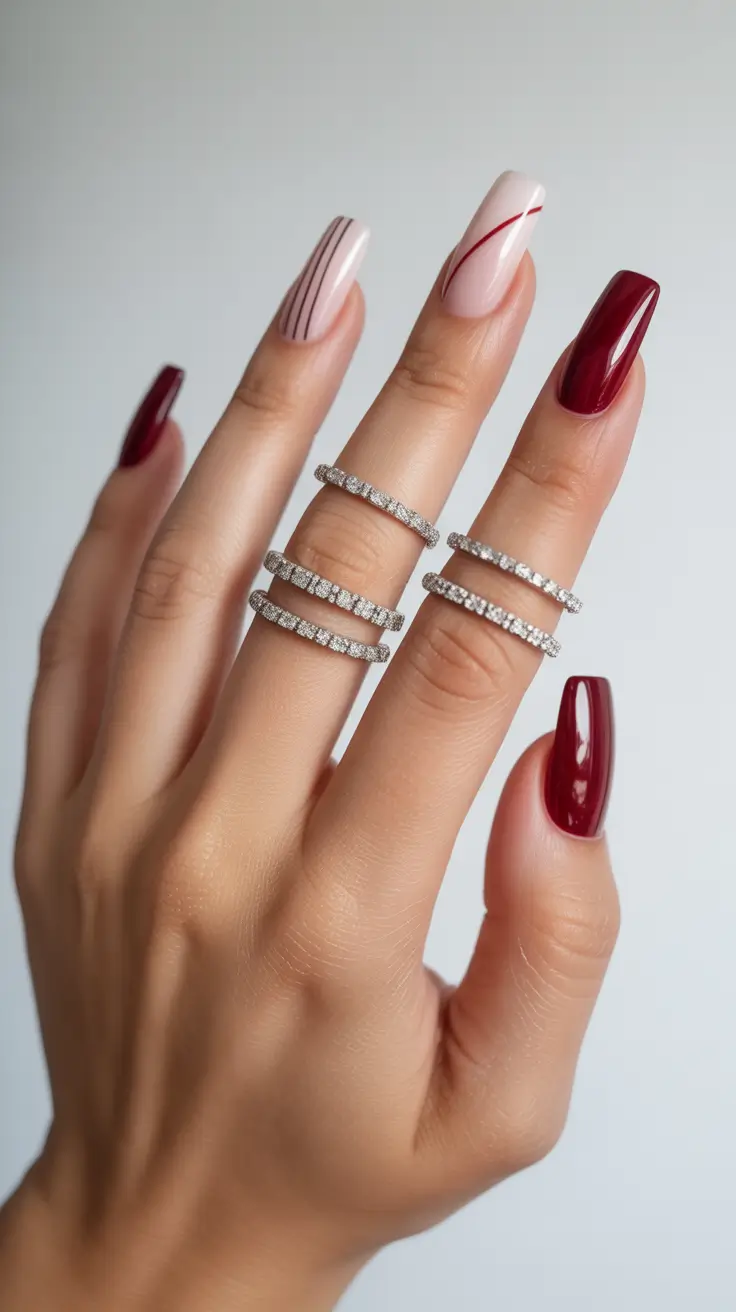 Trendy Winter Nail Colors 2025–2026 Crimson and Nude Geometry