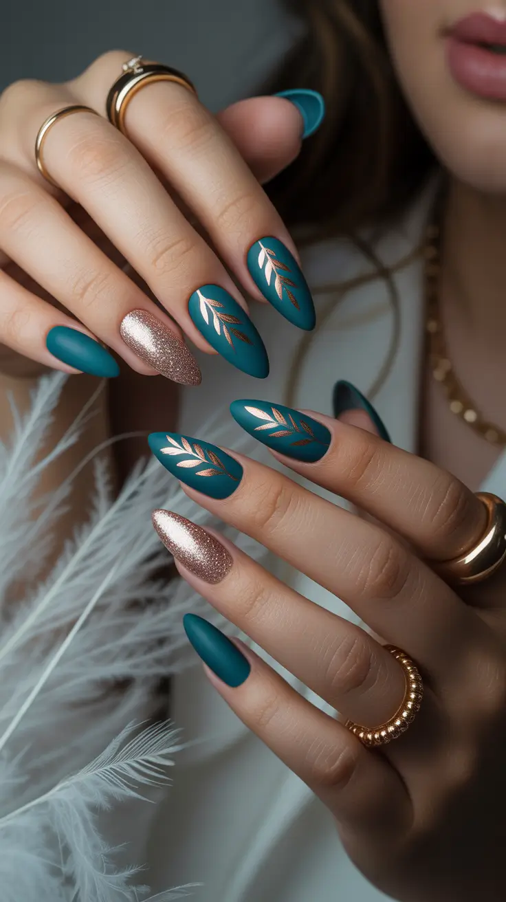 Trendy Winter Nail Designs & Colors 2025–2026 Emerald Elegance with Gold Accents