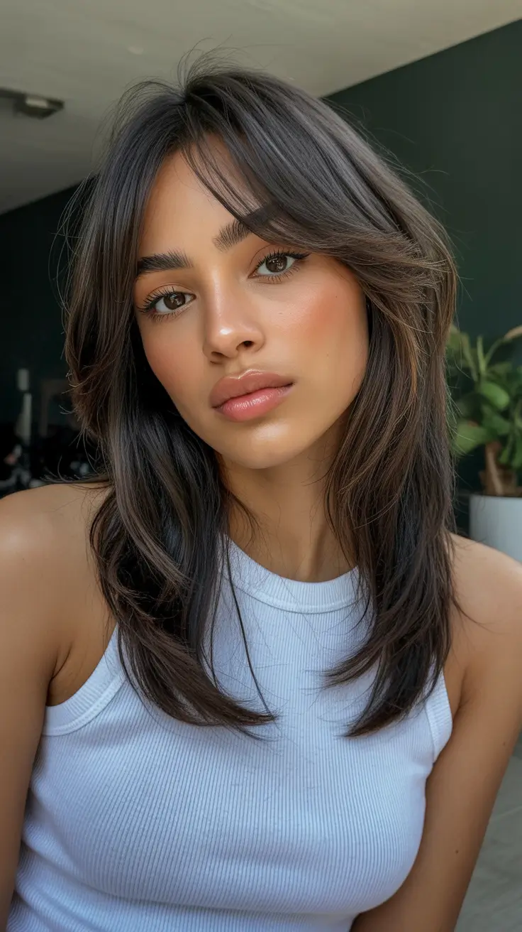 dark winter hair color balayage layered shag