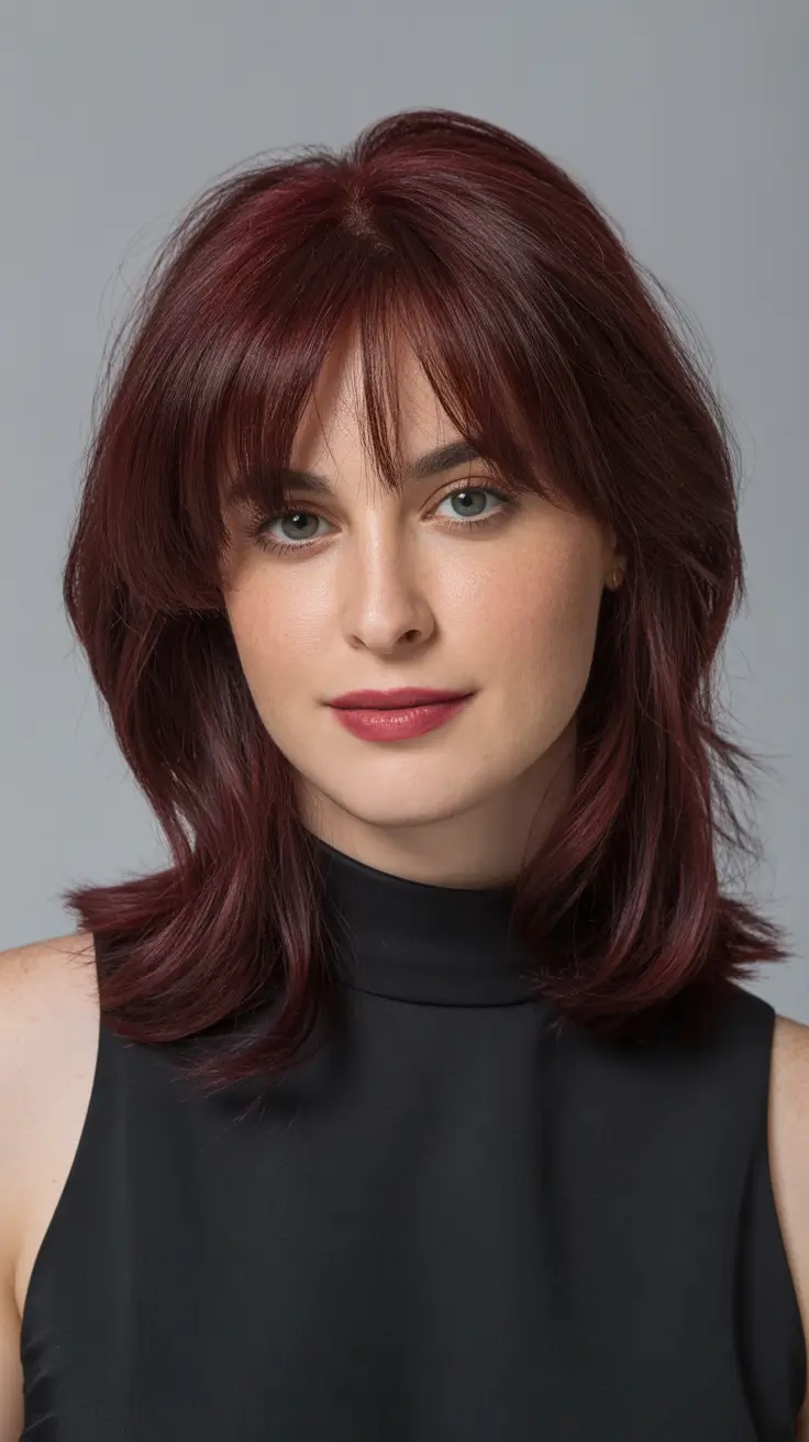 dark winter hair colors 2025 red bangs