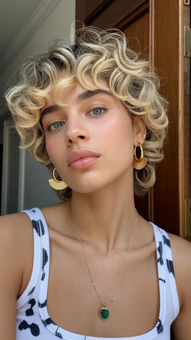 winter hair color short bob haircuts Buttercream Curls with Golden Highlights