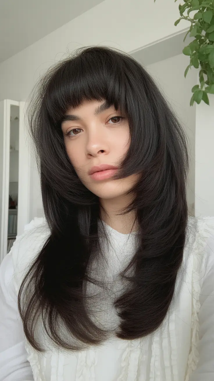 winter haircut and color Glossy Layers with a Blunt Fringe