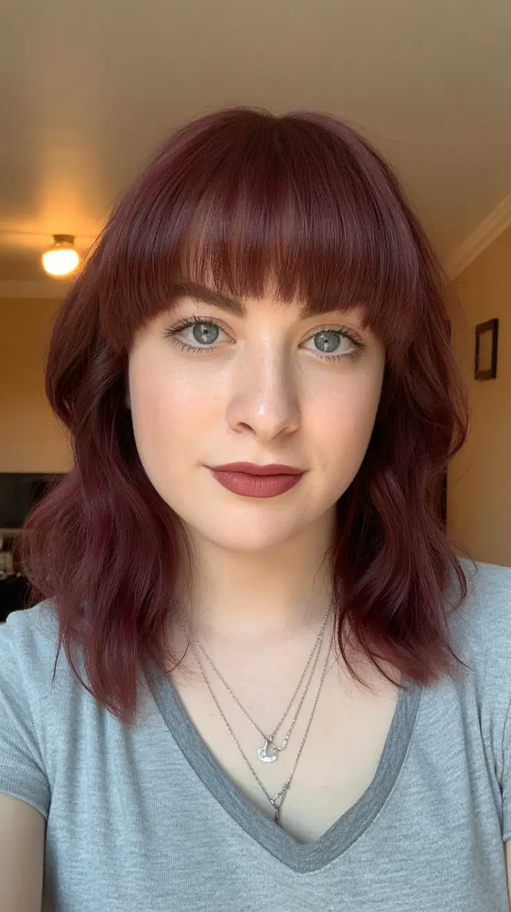 medium length haircut winter color Velvet Red Bob with Fringe