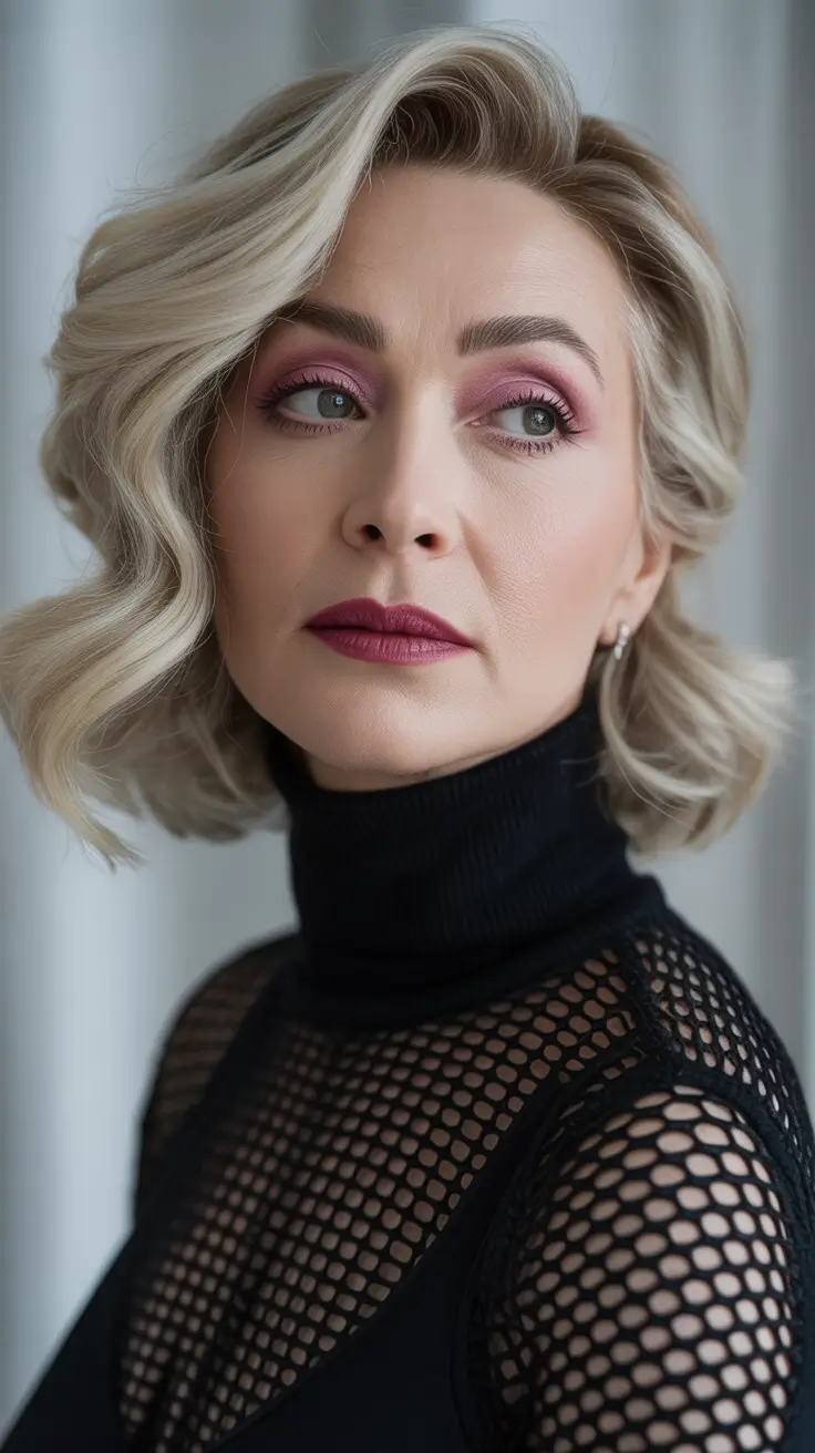 short haircuts for women over 40 Soft Platinum Waves with Retro Attitude