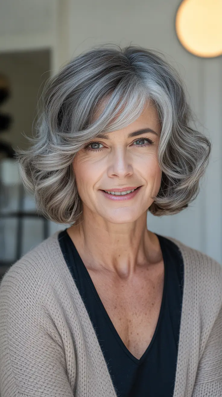 short curly cute haircuts for women over 40 layered bobs Silver Curly Bob