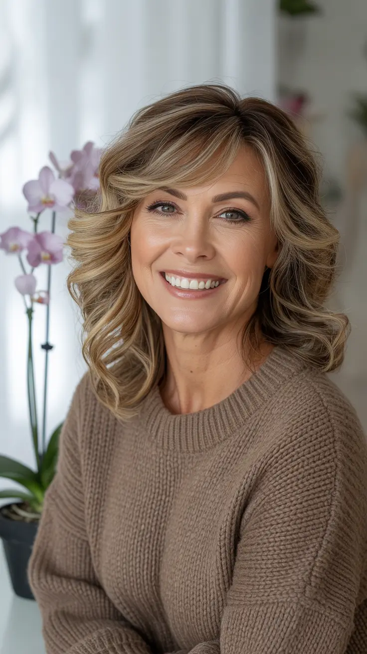 cute haircuts women over 40 Soft Layered Curls with Honey Highlights