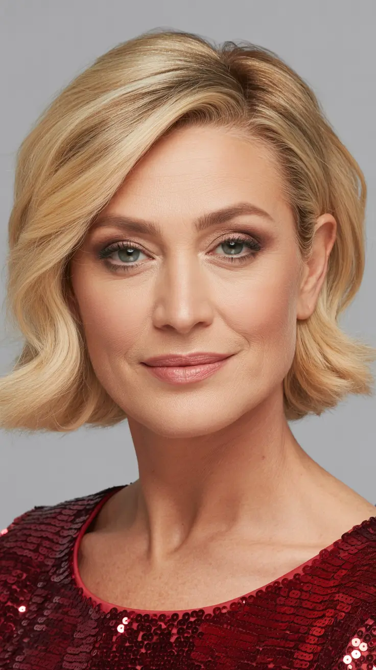 short-haircuts-women-over-50-Golden-Bob-with-a-Festive-Twist