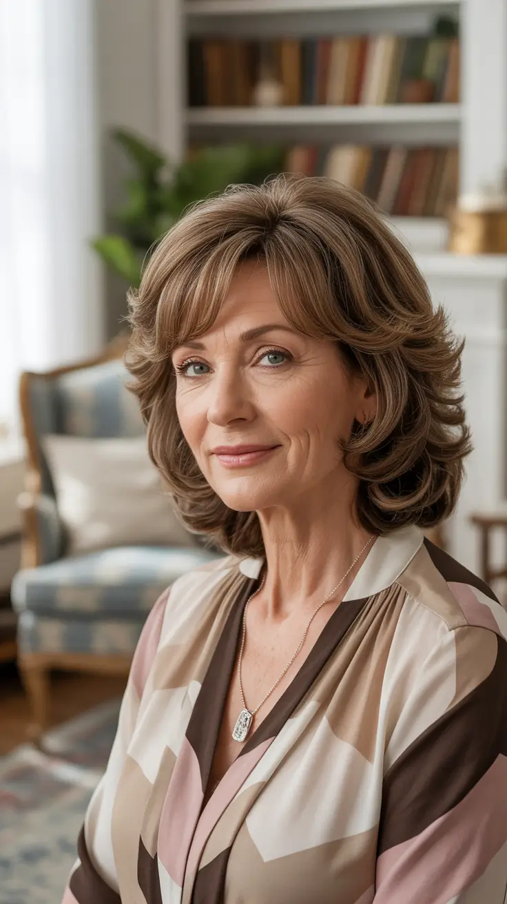 haircuts women over 60 layered bobs Warm Brunette Feather Cut