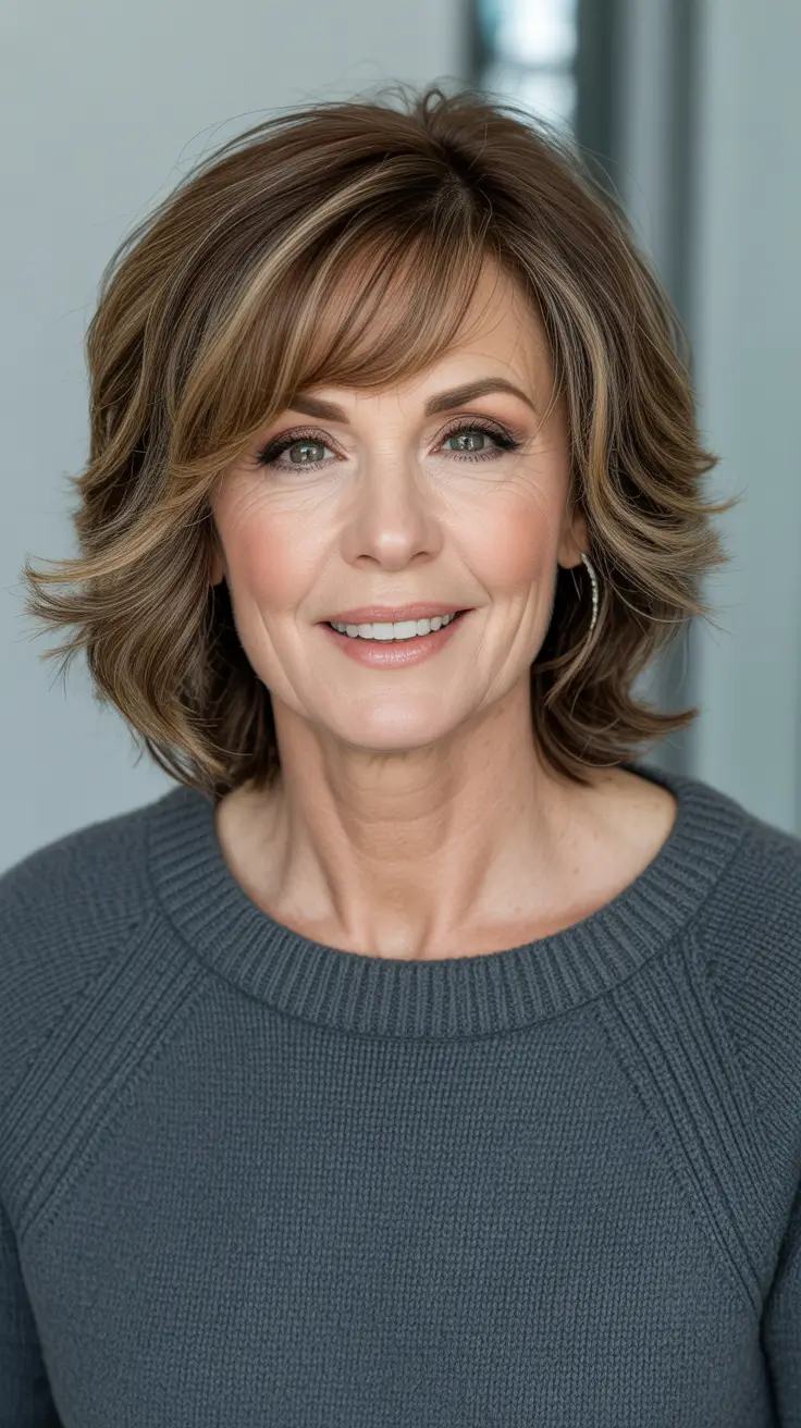 winter haircuts for women over 60 Soft Layered Shag with Bangs