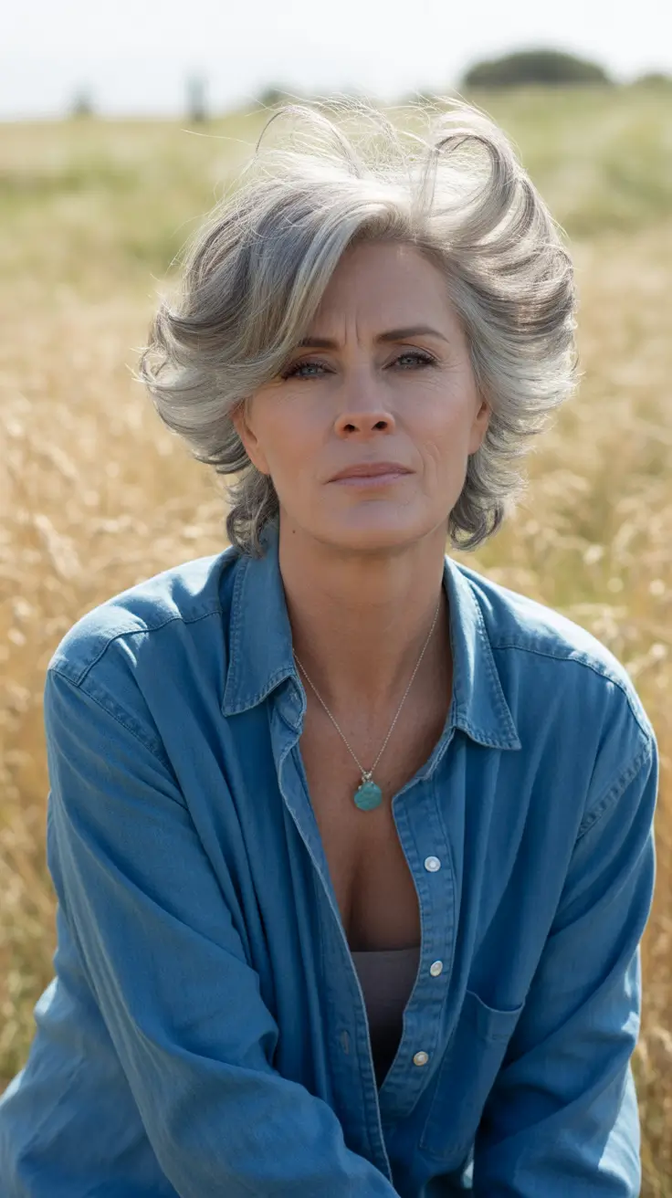 haircuts for women over 60 grey hair Windswept Silver Shag