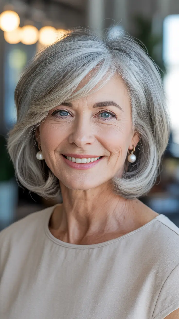 medium haircuts for women over 60 Elegant Silver Bob