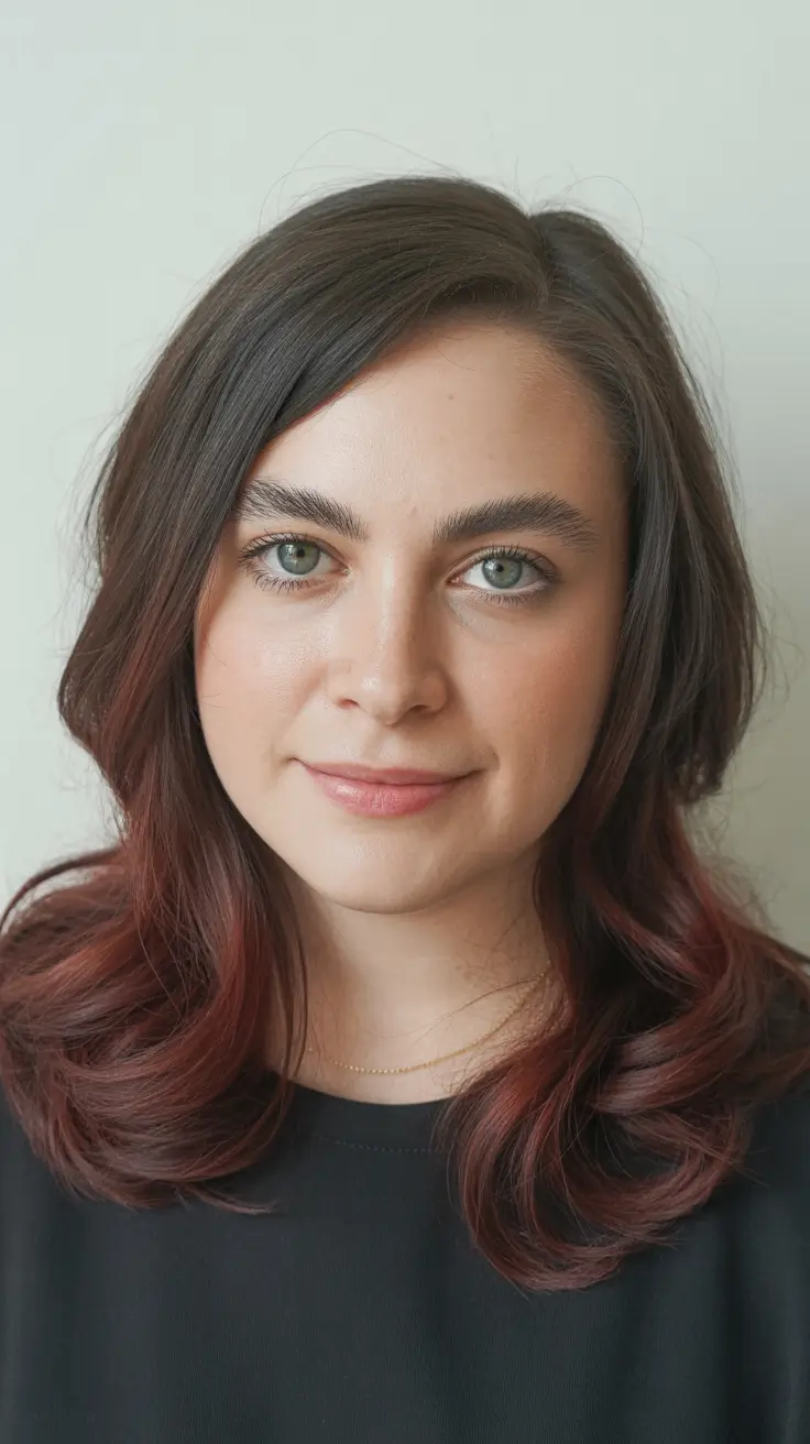 winter haircuts medium round faces Warm Brunette with Subtle Red Ends