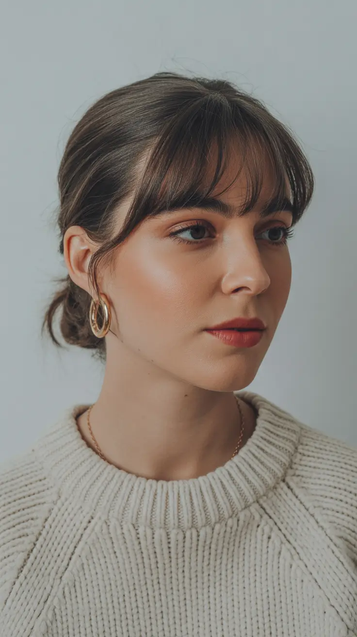 winter haircut for round face Low Bun with Wispy Bangs