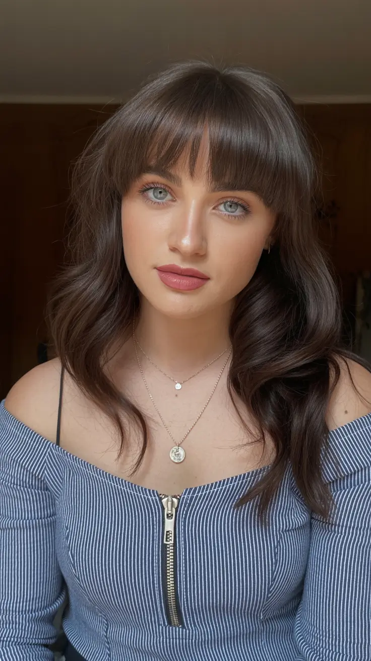 winter haircuts for round faces Glossy Waves with Blunt Bangs
