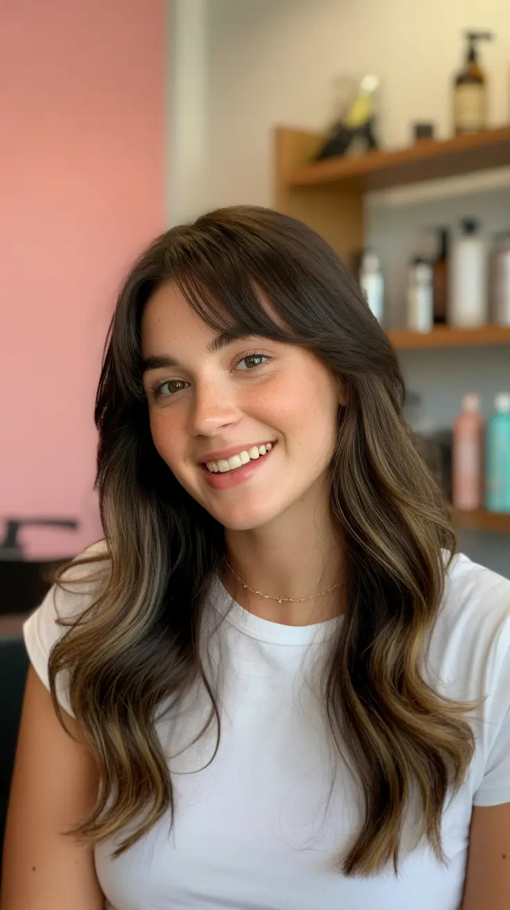 winter haircuts long round faces Long Layers with Baby Curtain Bangs