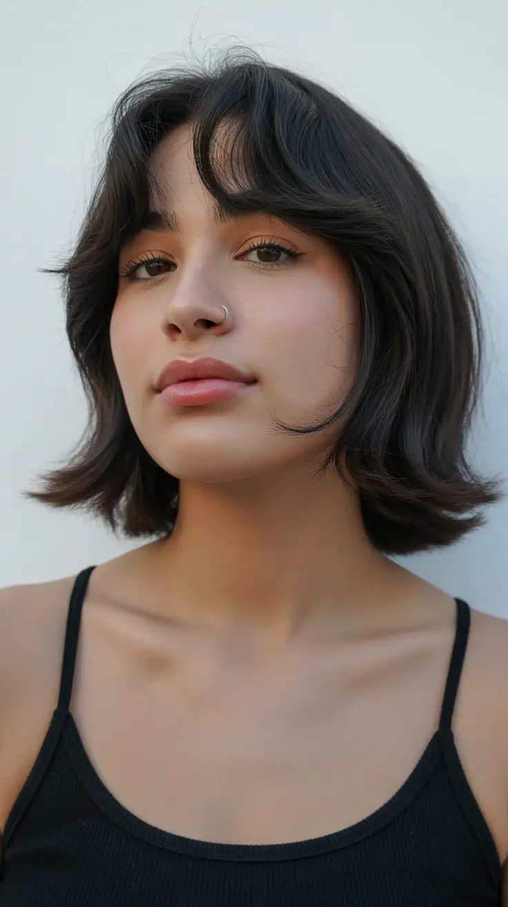 round face haircuts winter Layered Flip Bob with Airy Ends