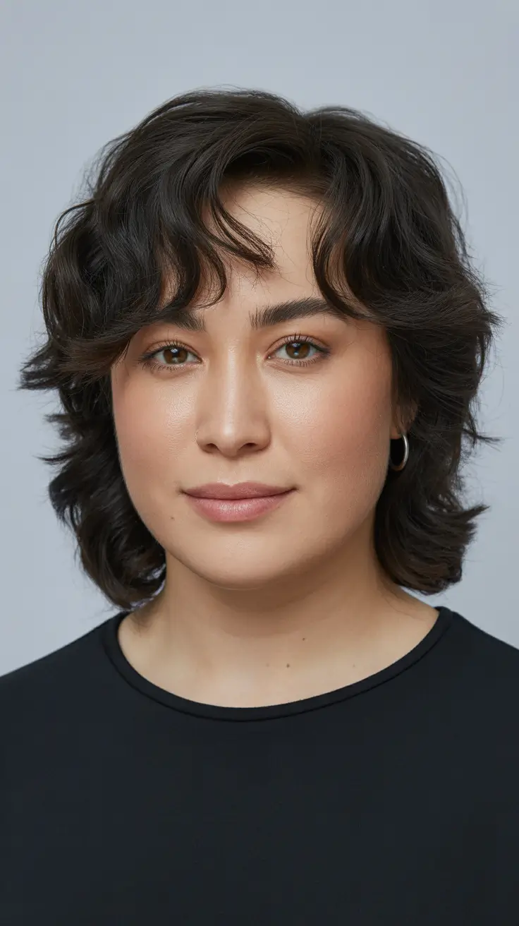 medium winter haircuts round faces Textured Shag with Soft Waves