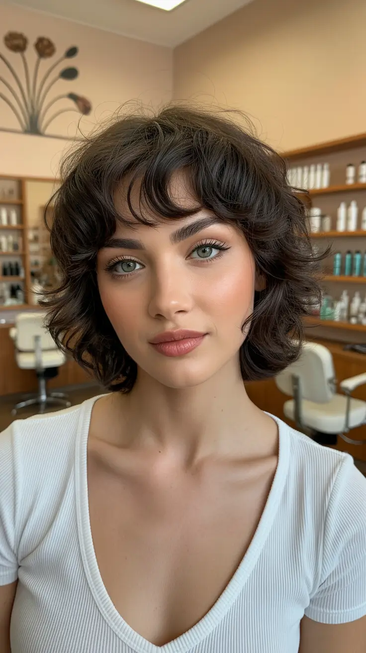 winter 2026 haircut round face Curly Bob with Baby Bangs