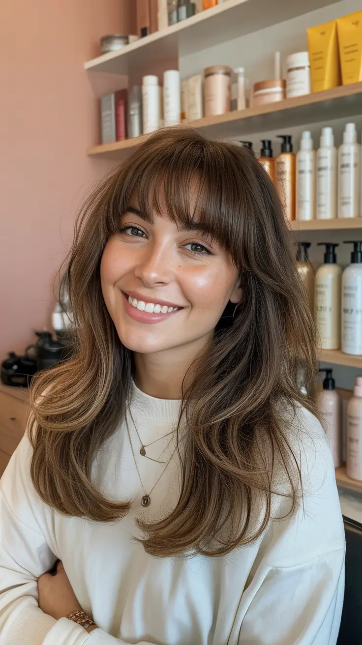 round face haircuts winter Feathered Layers with Curtain Fringe