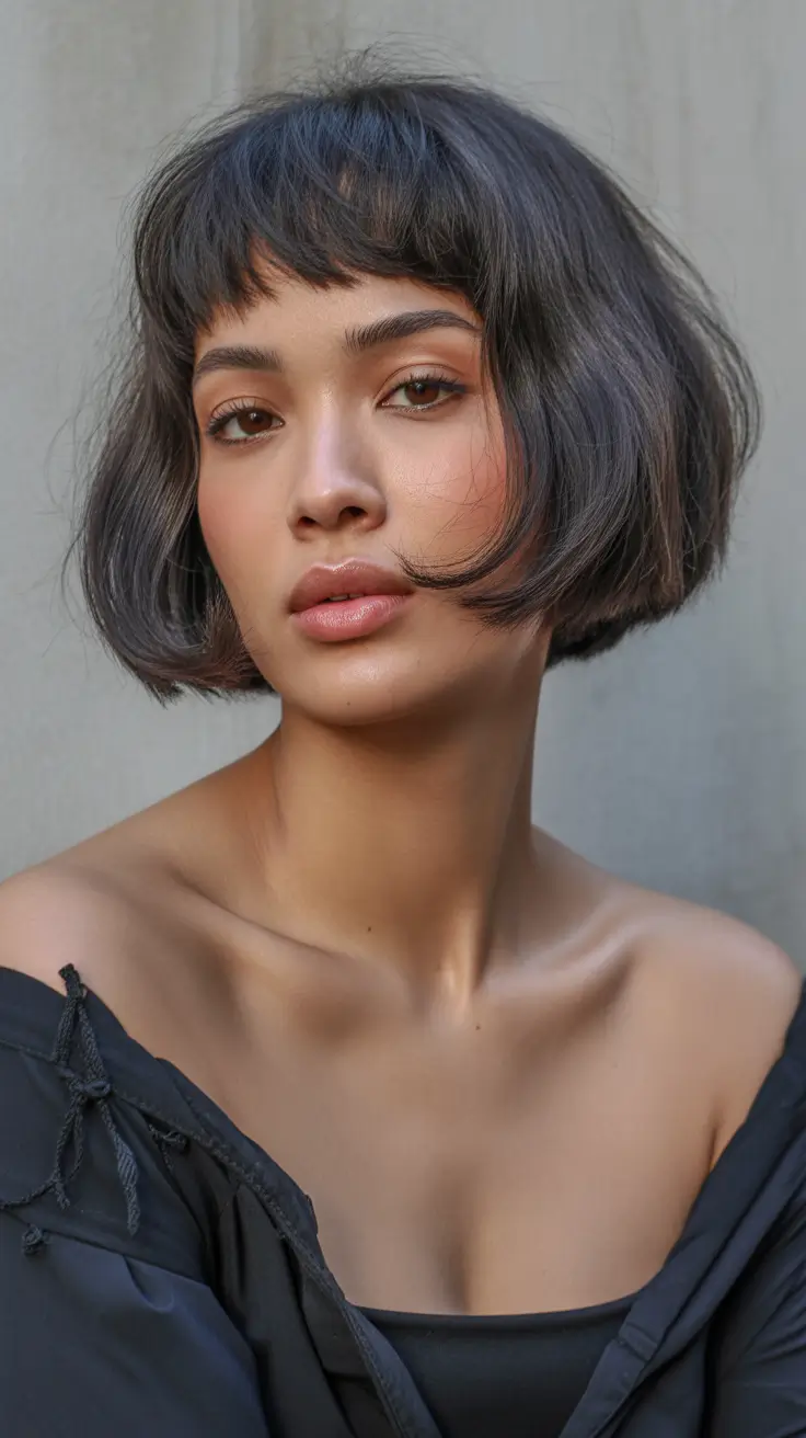 winter haircuts short round faces Micro Bob with Tapered Bangs