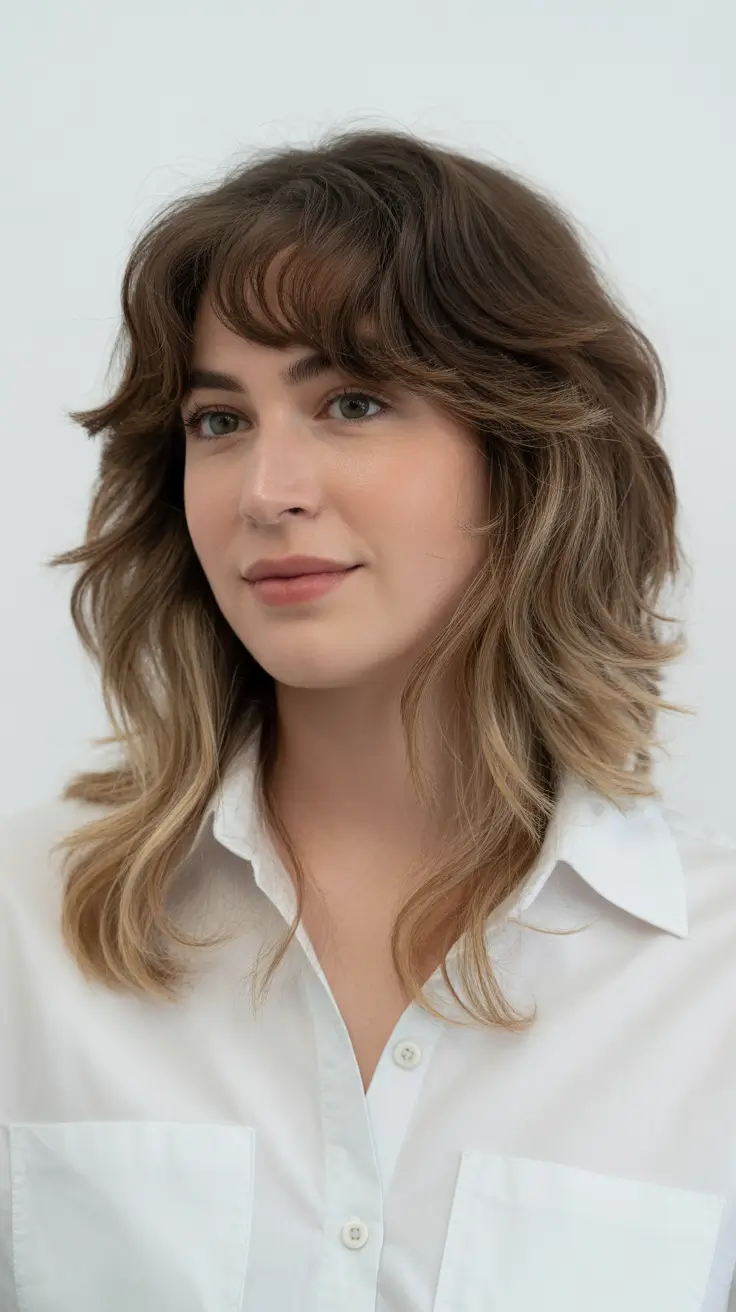 medium winter haircuts round face Soft Shag with Blonde Balayage Ends