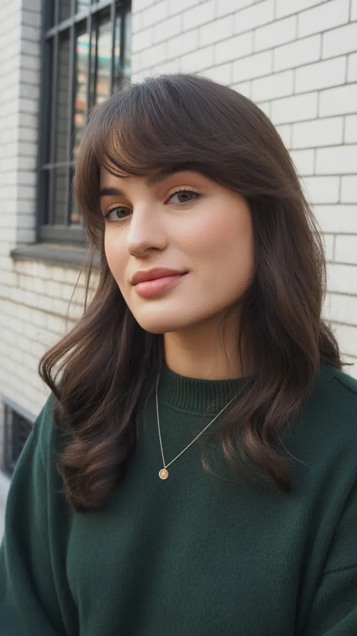 medium winter haircuts round faces Classic Medium Layers with Curtain Bangs