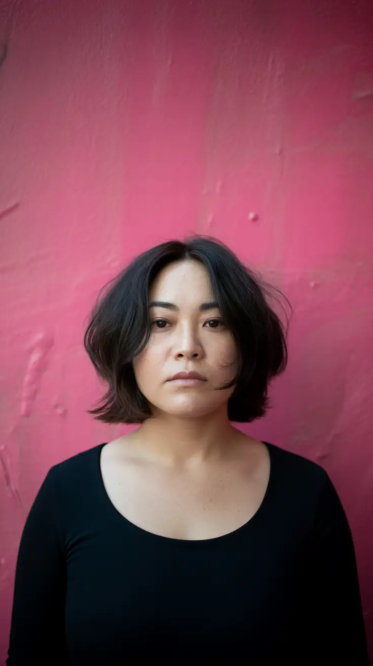 winter haircuts for round faces Effortless Textured Bob with Soft Center Part