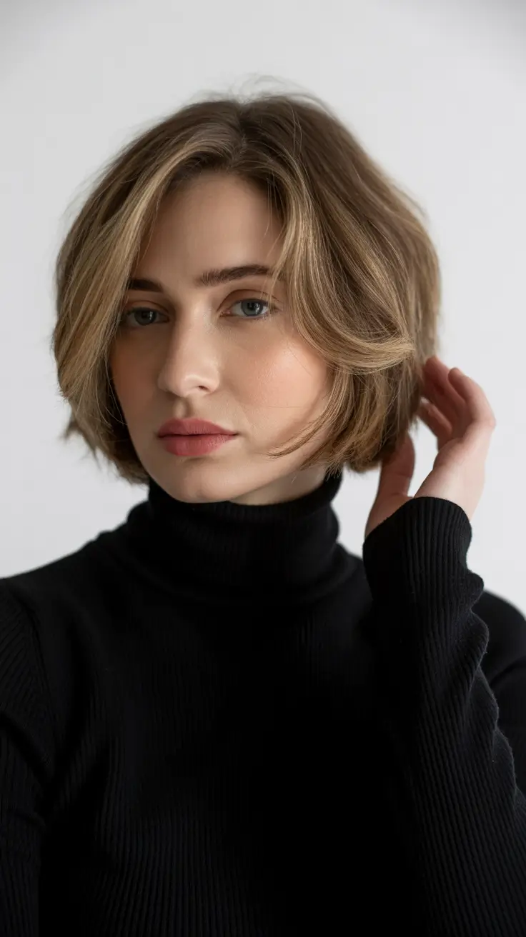 winter 2026 haircut round face Layered Bob with Warm Honey Highlights