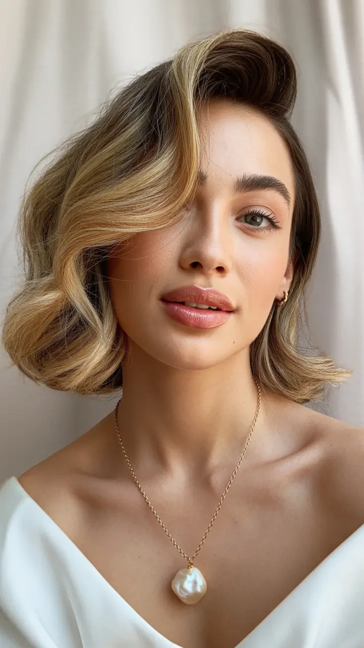 medium winter 2026 haircut round face Soft Retro Waves with Side Volume